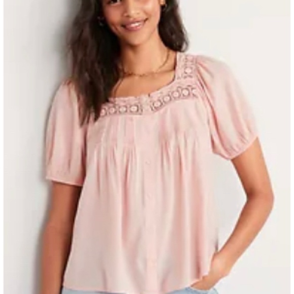 Old Navy Puff-Sleeve Crochet-Trimmed Pintucked Swing Blouse Medium